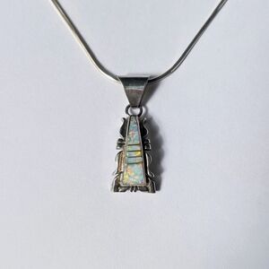 Navajo Native American Charlie Bowie Opal Inlay Pendant Necklace Sterling Silver